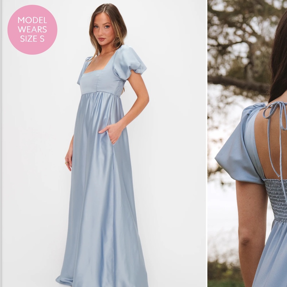 Show Me Your MuMu Blue Maxi Dress with Puff Sleeves and Square Neckline